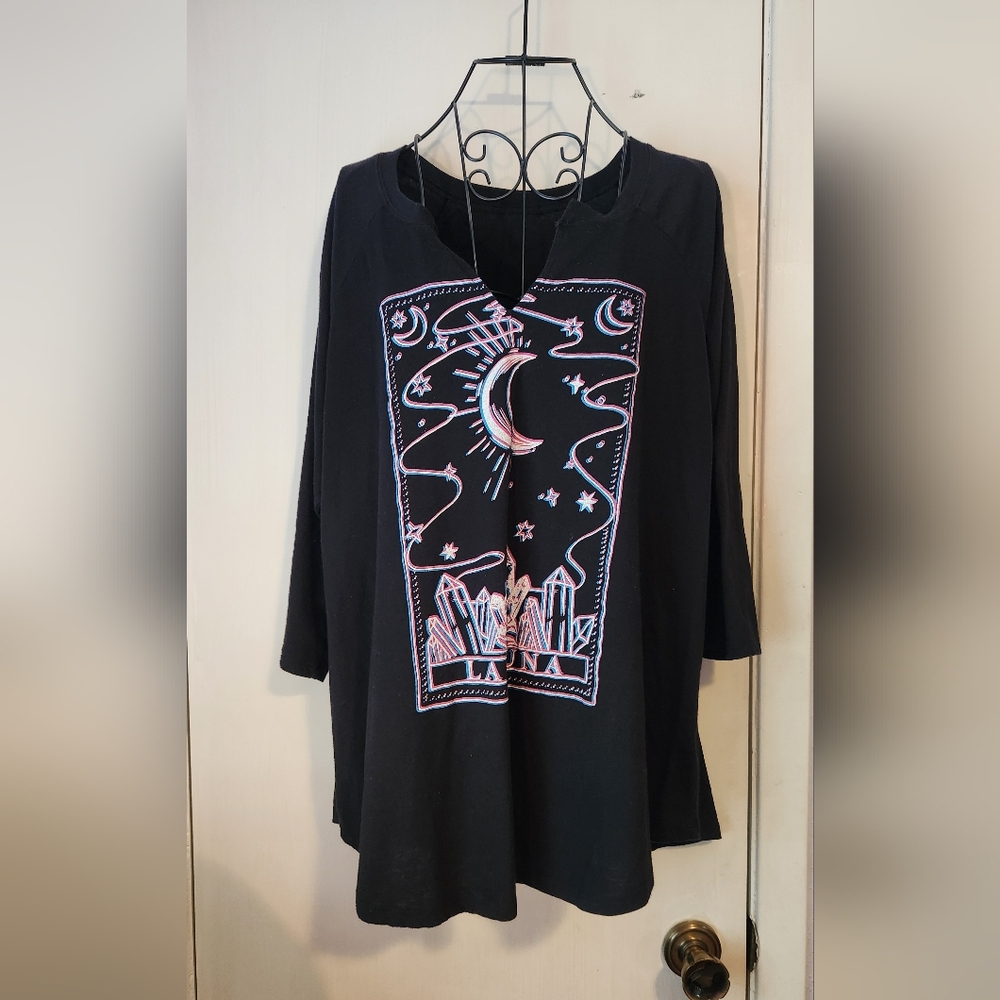Black Graphic Tee with Pink and Blue Design